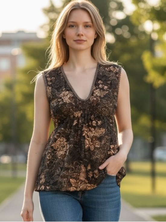 Karen Kane Tops - Karen Kane Brown Floral Lace-Trim V-Neck Spice Market Shirred Top SZ L Rare NWT